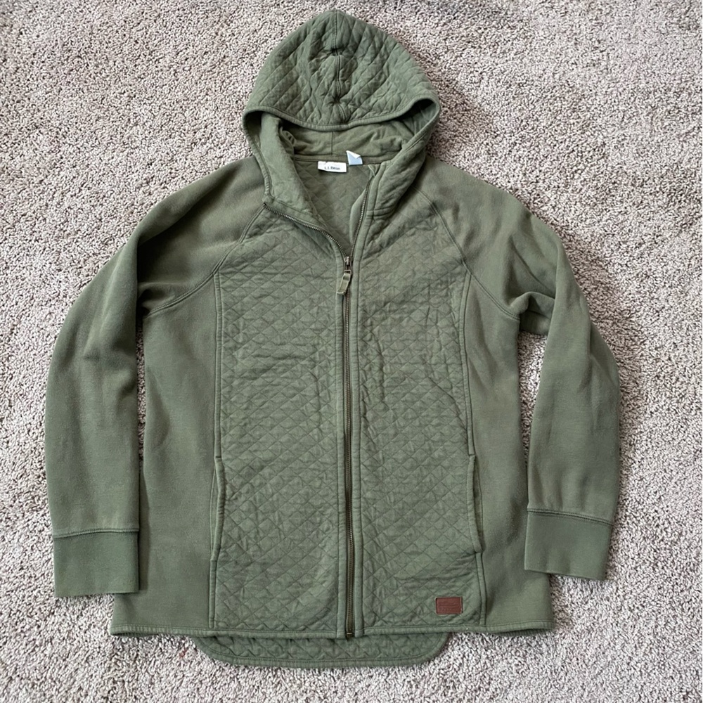 L.L. Bean Olive Green Quilted Hooded Zip Front Lightweight Jacket Size small